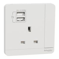 Schneider Electric E8315USB_AWE Avataron, 2 Usb Charger + Switched Socket, 3P, 13A, Antibacterial, White