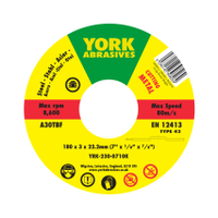 York YRK2300710K Cutting Disc, 30-Medium/Coarse, 180 X 3 X 22.23mm, Type 42, Aluminium Oxide (pack of 5)