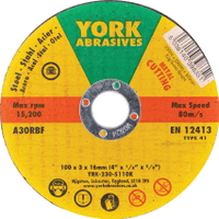 York YRK2305110K Cutting Disc, 30-Medium/Coarse, 100 X 3 X 16mm, Type 41, Aluminium Oxide (pack of 10)