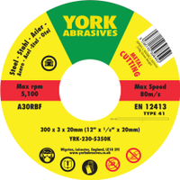 York YRK2305350K Cutting Disc, 30-Medium/Coarse, 300 X 3 X 20mm, Type 41, Aluminium Oxide