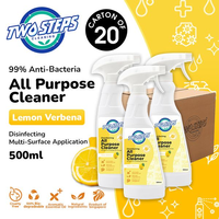 [carton of 20] Two Steps Cleaning All-Purpose Cleaner 500ml - Lemon Verbena (total: 10L) Antiseptic 100% Essential Oil Earthy Zesty & Herbal Scent Plant Derived Ingredients Anti-Bacterial for Tables Countertops Tiles Granite Wood Steel Glass